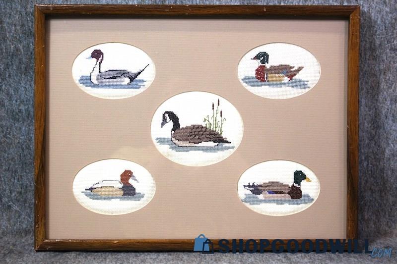Framed 5 Goose & Duck Bird Wildlife Crewel Needlepoint Nature Art Decor Unsigned