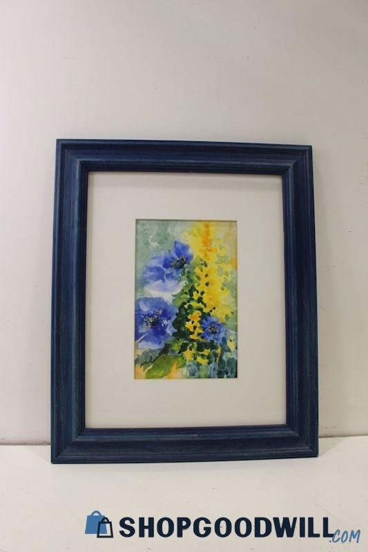 Jude Welter Signed Framed Original Watercolor Floral Painting 'Cobalt Blues' 
