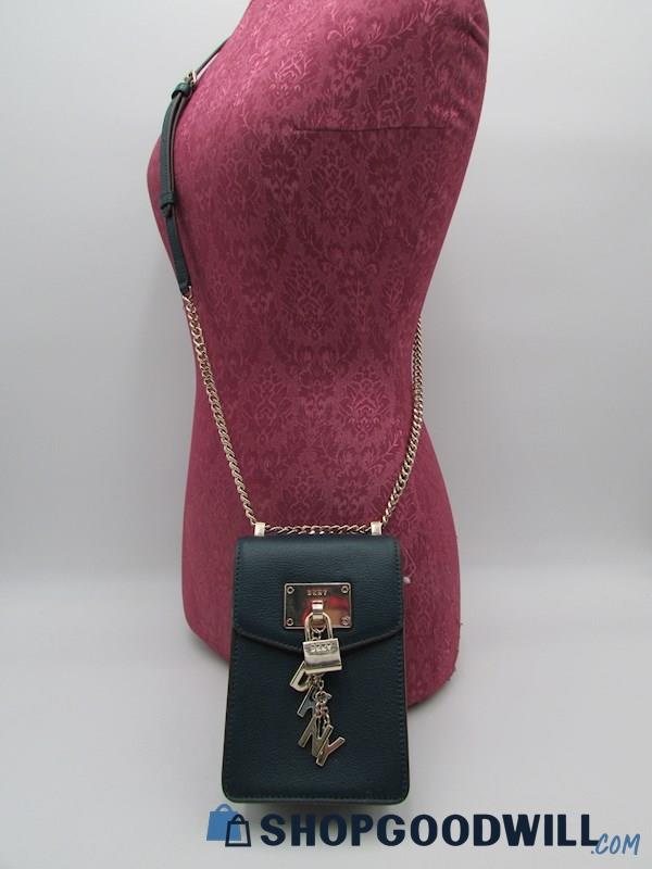 DKNY Elissa Charm Chain Twilight Teal Pebble Leather Crossbody Handbag Purse
