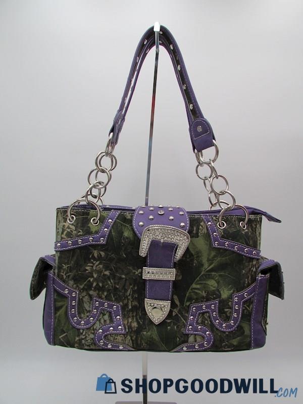 Cowgirl Trendy Western Embellished Purple/Camo Conceal & Carry Handbag Purse
