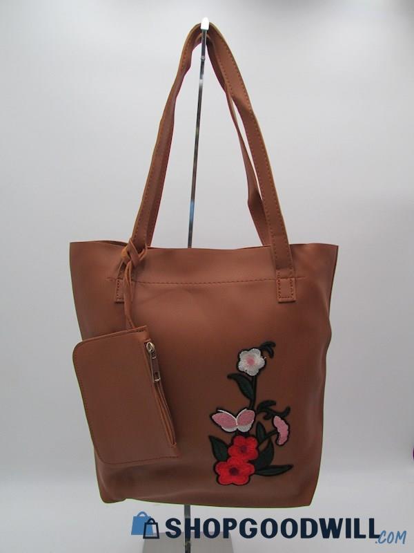 Unbranded Caramel Floral Applique Vegan Leather Tote/Wristlet Handbag Purse