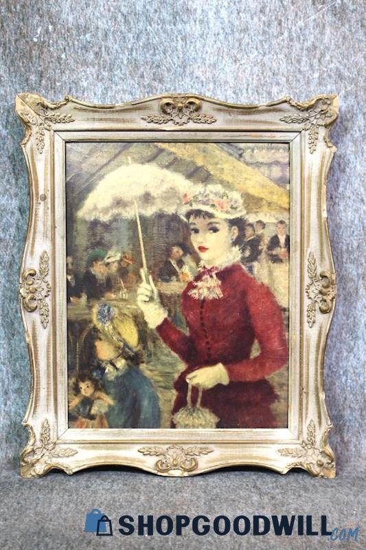 Framed VTG Cherry Huldah Parisian Woman & Child France Print Unsigned Art Decor