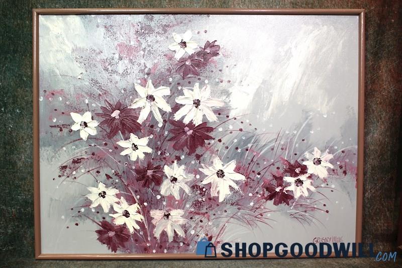 Framed Original Magenta-Toned Flowers Painting Signed Gregory Wells Art PICKUP