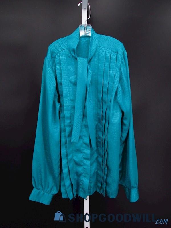 Vintage Women's Teal Blue Pleated Long Sleeve Blouse SZ S