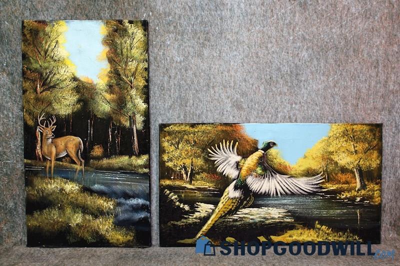 2 VTG Deer Buck & Pheasant in Forest River Nature Black Velvet Painting Unsigned