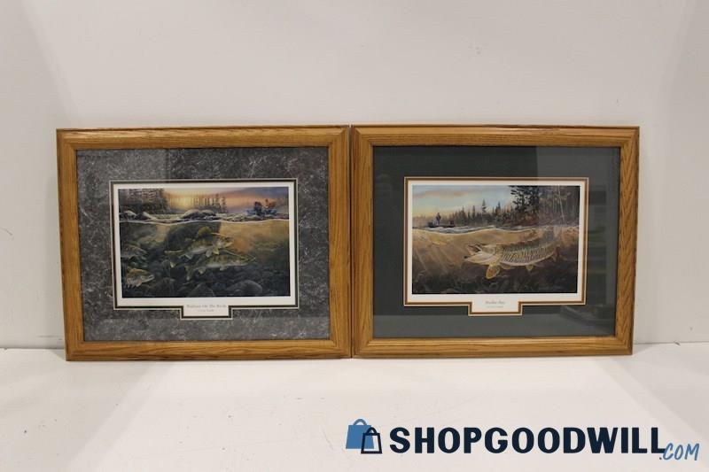 Pair Framed Terry Doughty Unsigned Fish Prints 'Muskie Bay&Walleye on the Rocks'