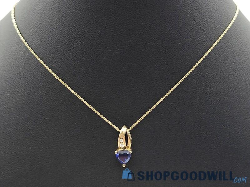 10K YG Synthetic Sapphire & Diamond Accent Heart Necklace 1.20 Grams
