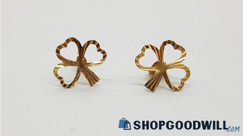 9K Yellow Gold Textured Openwork Shamrock Earrings  0.58 Grams