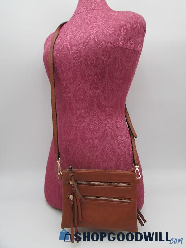 Emperia Cognac Faux Leather Triple Zip Crossbody Handbag Purse