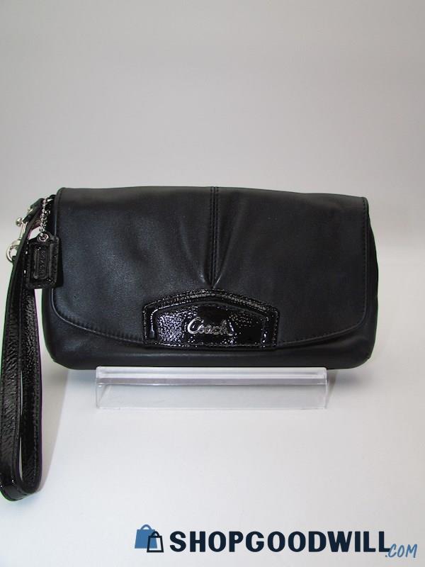 Coach Ashley Black Leather Large Flap Wristlet Handbag Purse