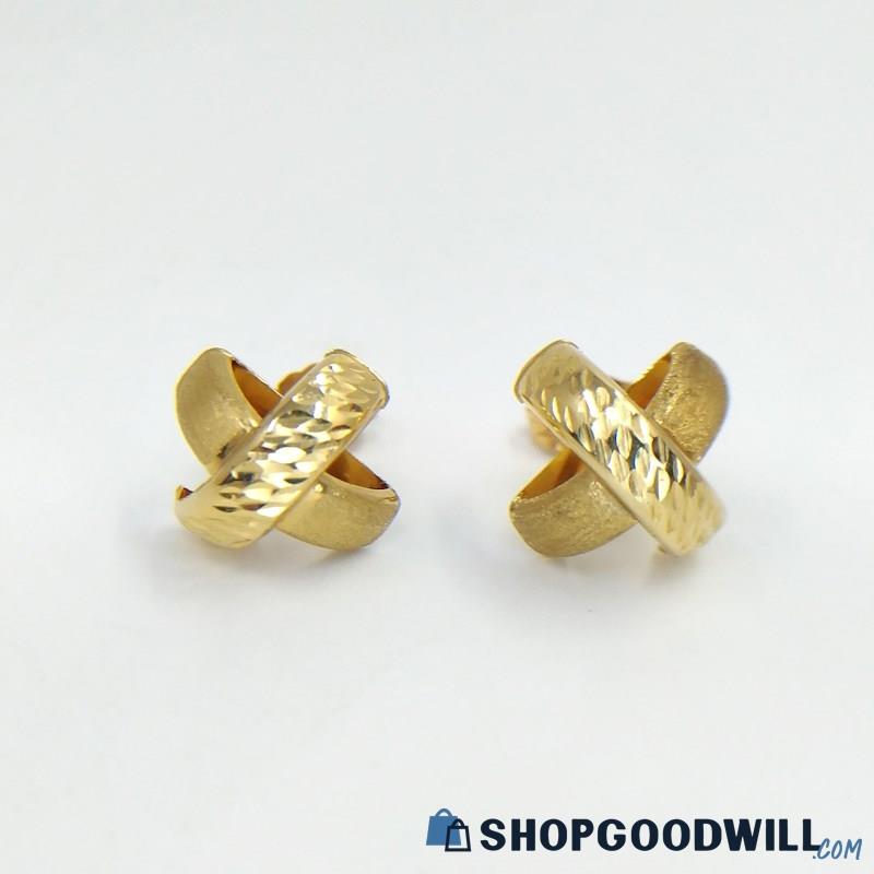 14K YG Brushed & Engraved Criss-Cross Earrings 1.04 Grams 