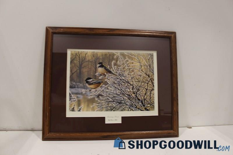 'Morning Frost' Framed & Matted Bruce Miller Signed Chickadee Painting Print 