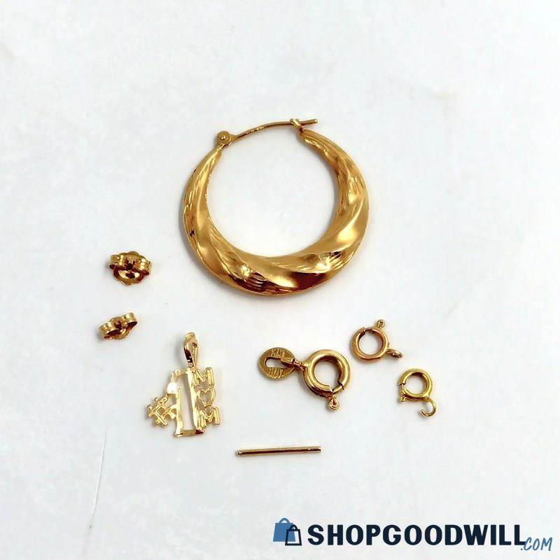 14K Yellow Gold #1 Mom Pendant, Single Hoop Earrings & Scrap 1.77 Grams 
