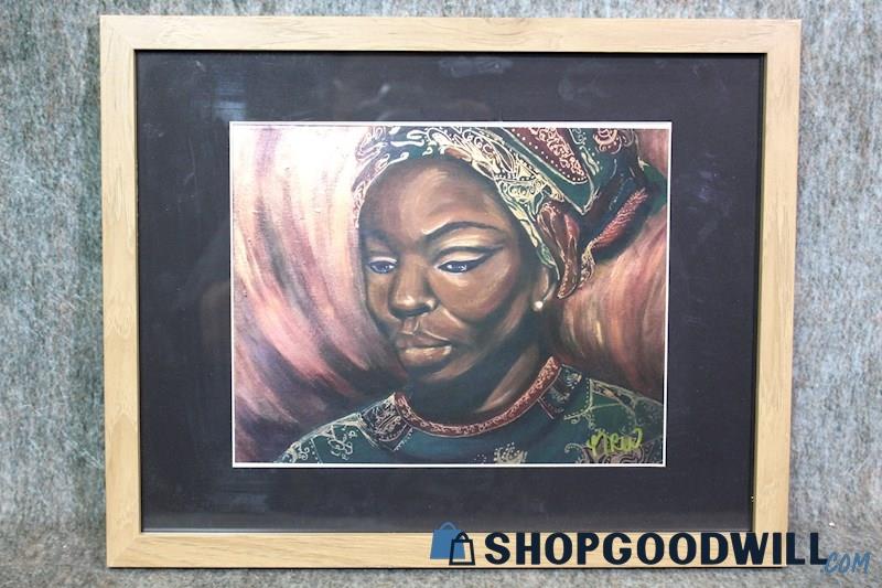 Framed Thinking African Woman with Pearl Earring Print Signed Nieu Art Decor