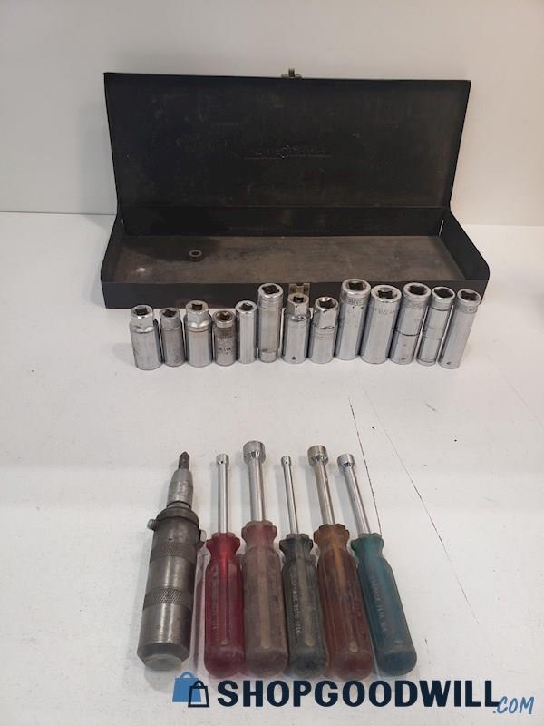 Vintage Nut Drivers, Metal Tool Box, & Sockets Various Sizes & Brands Hand Tool