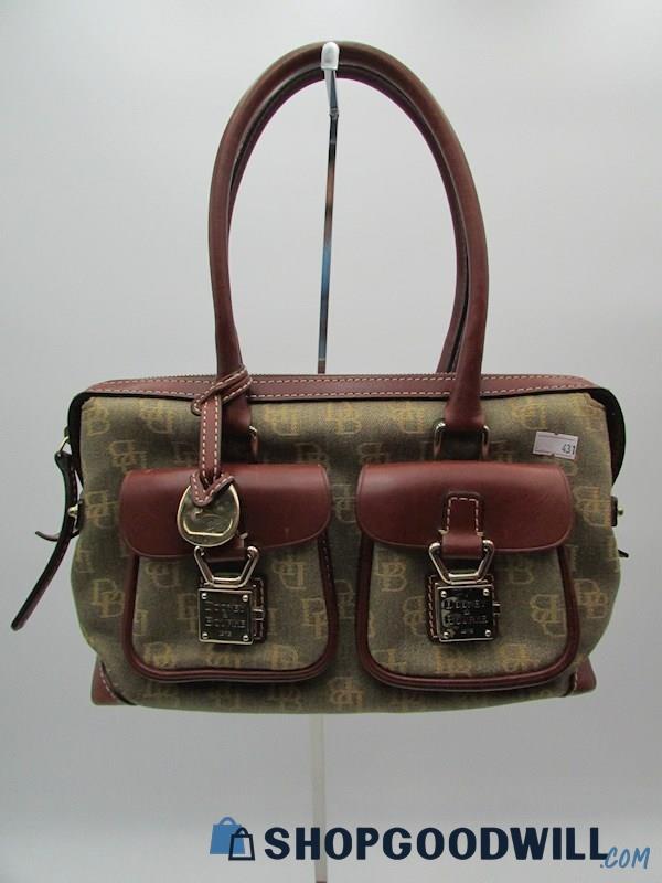 Dooney & Bourke Vintage Khaki Signature Canvas Small Pocket Tote Handbag Purse 