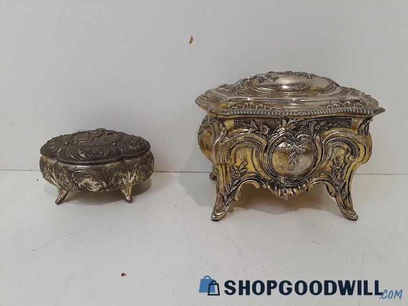 Lot 2pc 1 Large 1 Small Vintage Footed Silver Tone Metal Jewelry Boxes