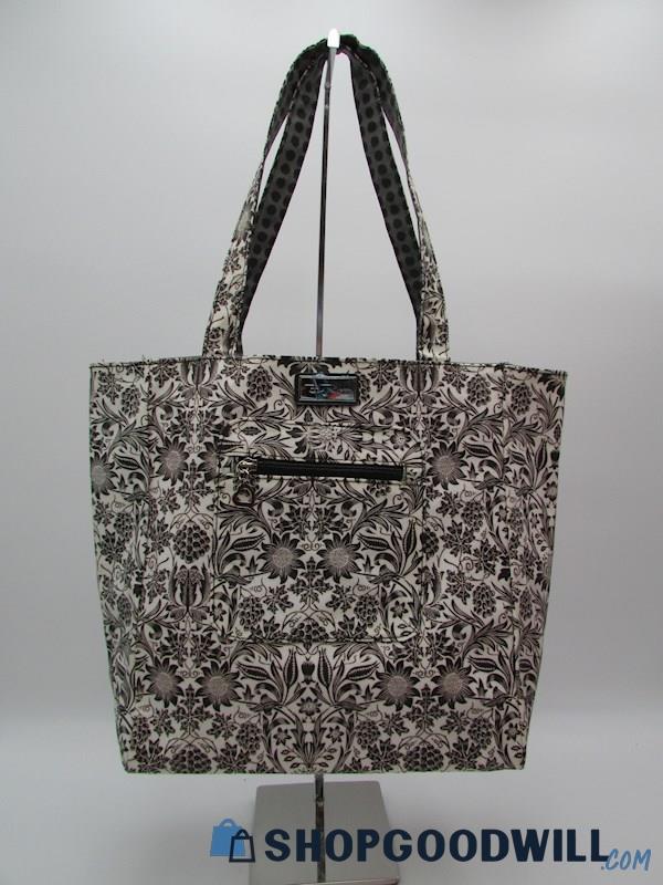 Bella Russo White Floral/Polka Dot Reversible Coated Canvas Tote Handbag Purse