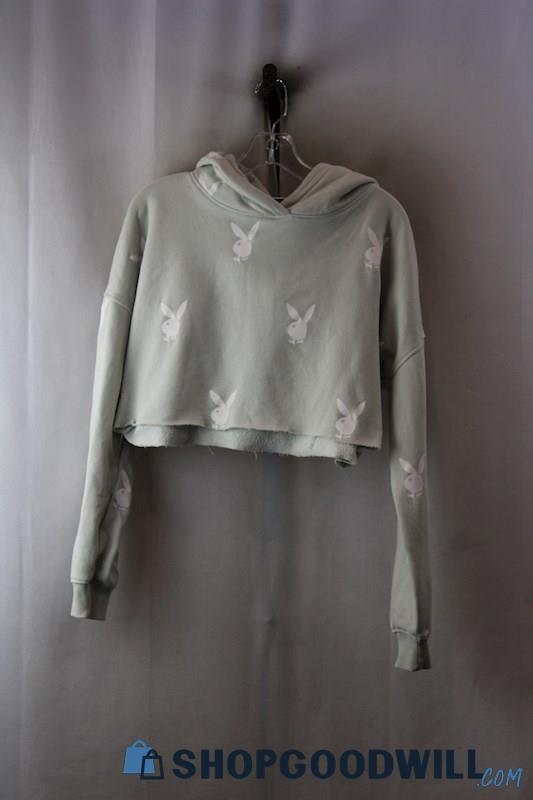 Misguided Women's Mint Playboy Print Cropped Hoodie SZ-2