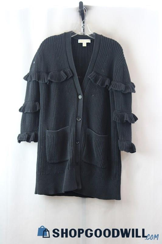 Michael Kors Women's Black Rib Knit Ruffle Embellished Cardigan sz M