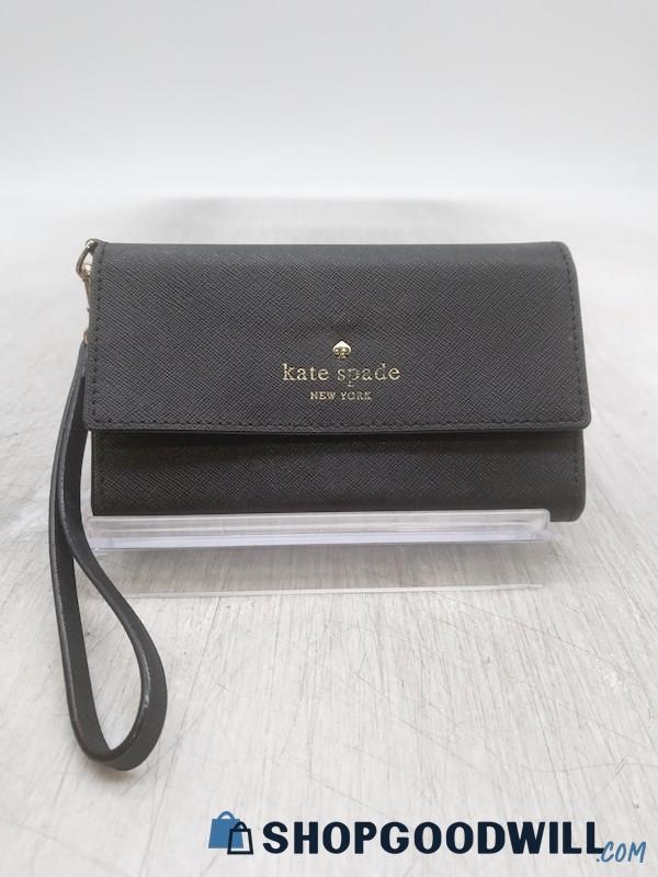 Kate Spade Black Crosshatched Leather Trifold Wallet Wristlet Handbag Purse