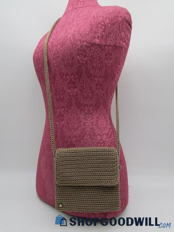 The Sak Beige Crochet Knit Mini Flap Crossbody Handbag Purse