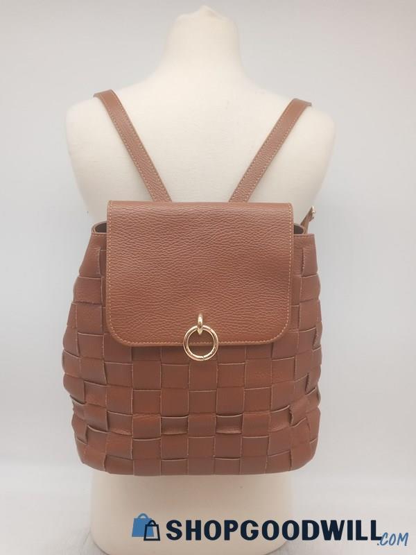 Anna Marellini Brown Woven Faux Leather Backpack Handbag Purse