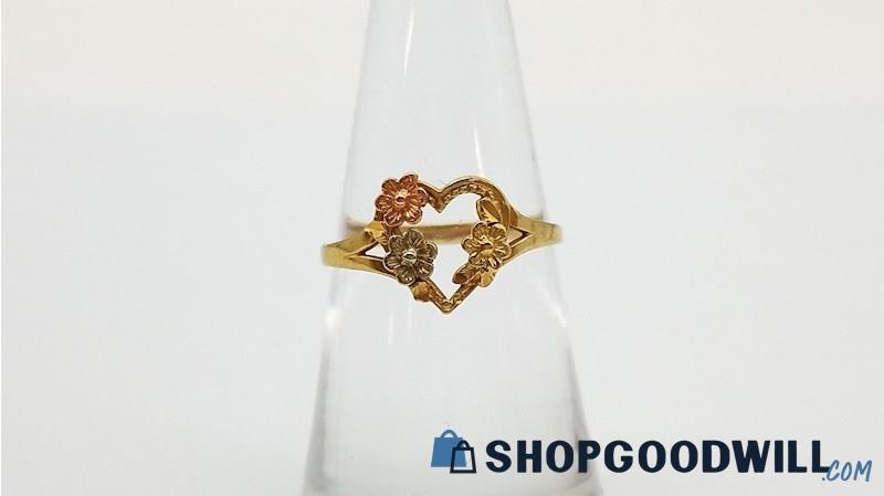 14K 3-Tone Gold Floral Heart Ring - Size 6 1/2,  1.40 Grams 