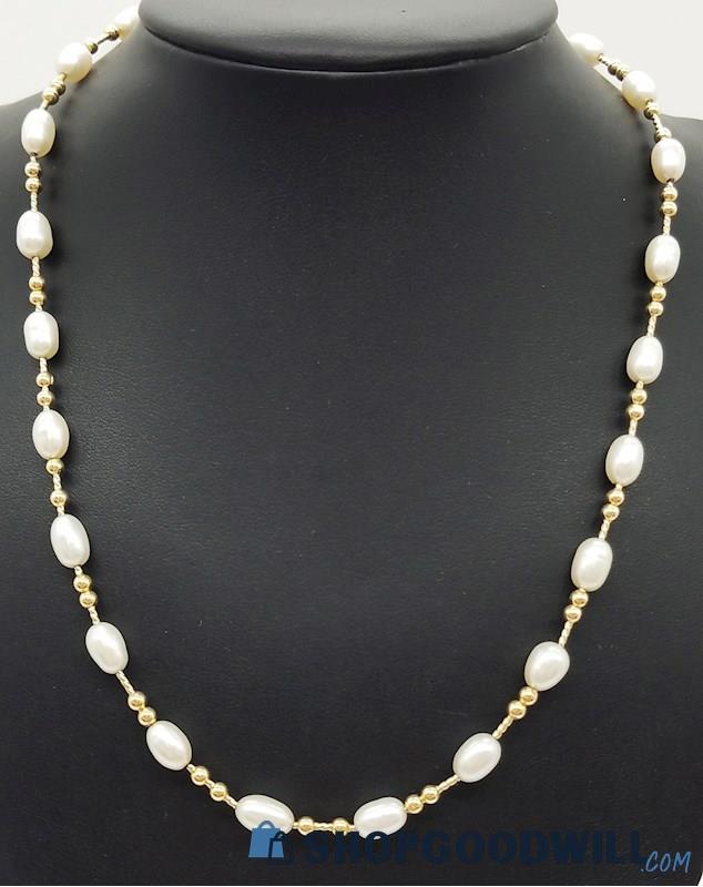14K Yellow Gold Bead & Cultured Pearl Necklace   10.80 Grams 