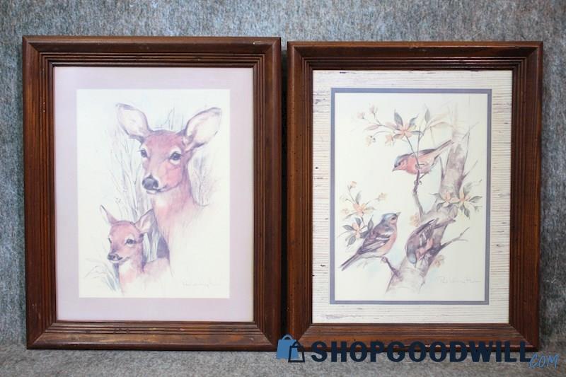 2 Framed Deer Doe Fawn & Birds Wildlife Nature Print Signed Paul Whitney Hunter