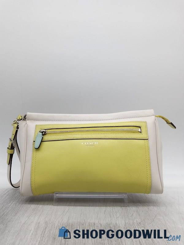 Coach White/Neon Yellow Leather Wristlet/Clutch Handbag Purse