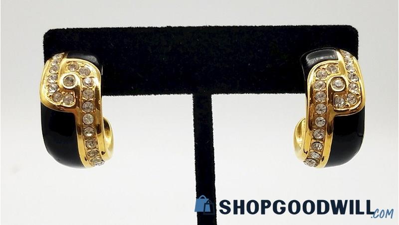 SWAROVSKI Vintage Half Hoop Crystal & Black Enamel Pierced Earrings