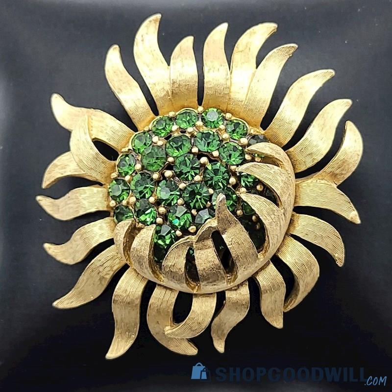 Vintage CROWN TRIFARI Sunflower Green Rhinestone Brooch