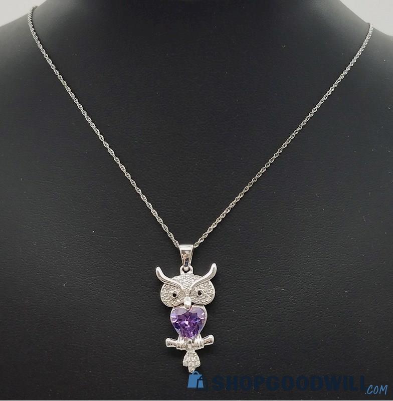 .925 Purple CZ Heart Owl Pendant Necklace   5.83 Grams