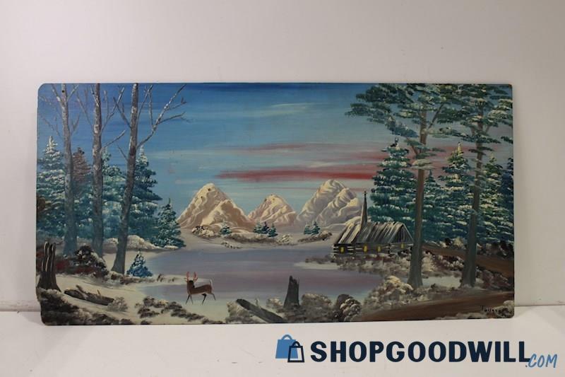 Taugner Signed Original 16x32 Wood Panel Painting 'Winter Scene Landscape'