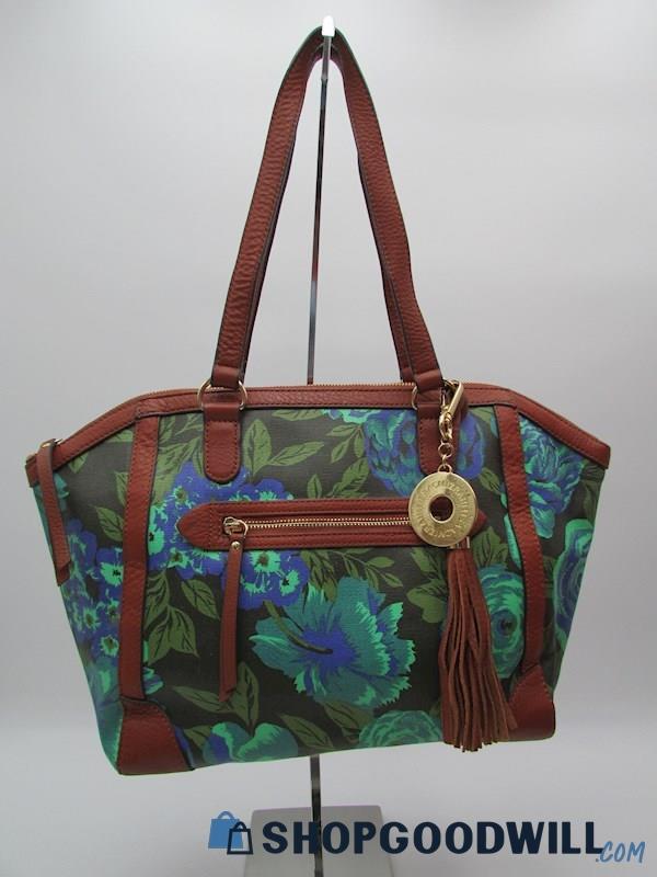 Isaac Mizrahi Aquamarine Floral Coated Canvas/Leather Tote Handbag Purse