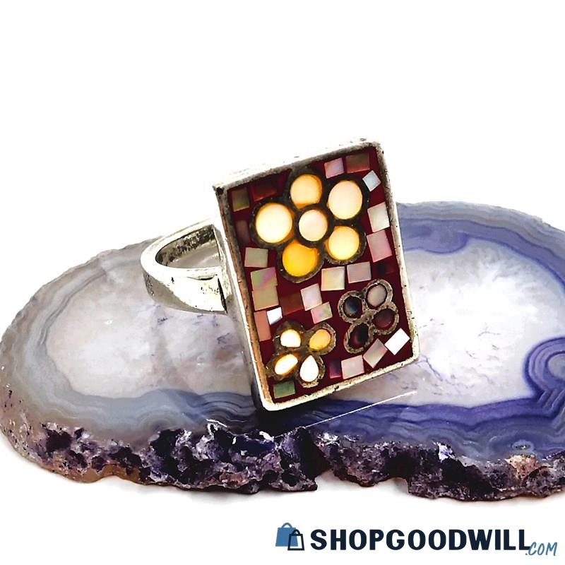 .925 Floral Abstract Inlaid Stone Ring Size 8 3/4, 8.18 Grams 