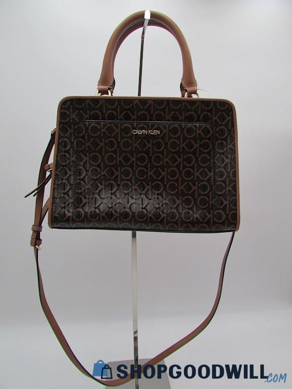 Calvin Klein Margot Black Textured Logo Faux Leather Satchel Handbag Purse