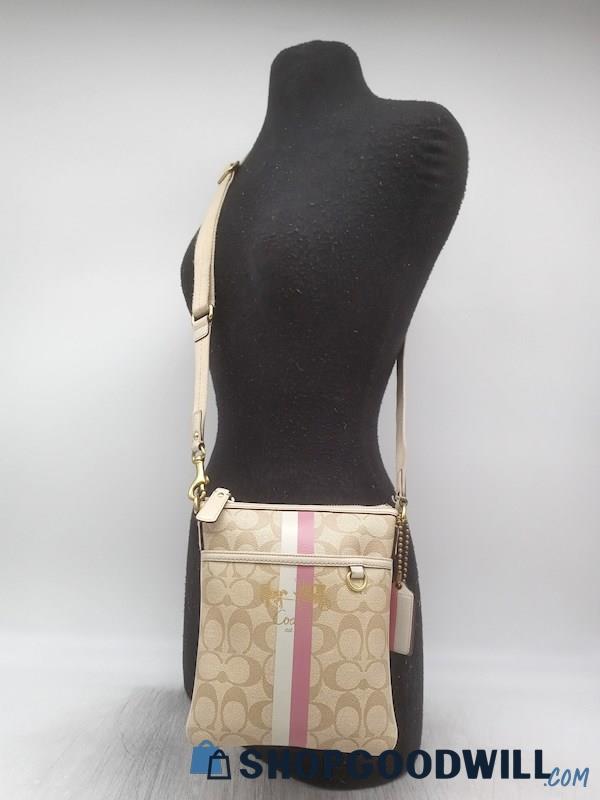 Coach Heritage Signature Cream/Pink Coated Canvas Shoulder Handbag Purse