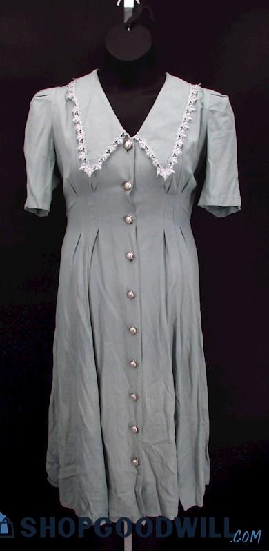 Vintage All That Jazz Women's Sage Green Collared Button-up Dress SZ 9/10