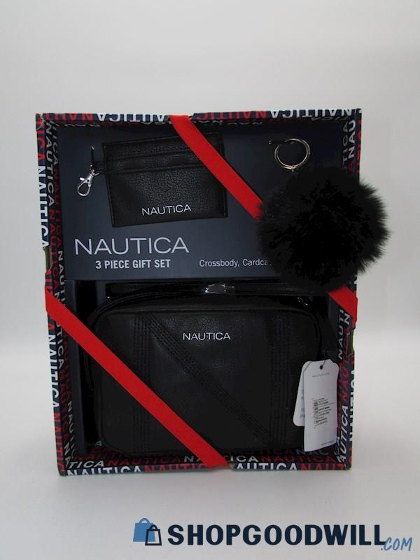 NIB Nautica N Logo Black Camera Crossbody/Cardcase/PomPom Gift Set Handbag Purse