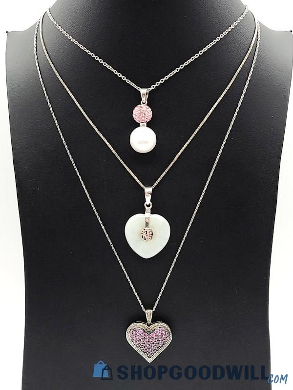 .925 Pink Sapphire, Jade, Cultured Pearl & Rhinestone Necklaces 14.70 Grams