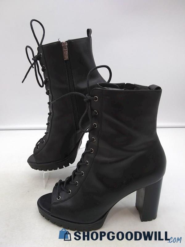 Vince Camuto Women's Black Leather 'Hemmy' Lace Up Peep Toe Boots SZ 8.5