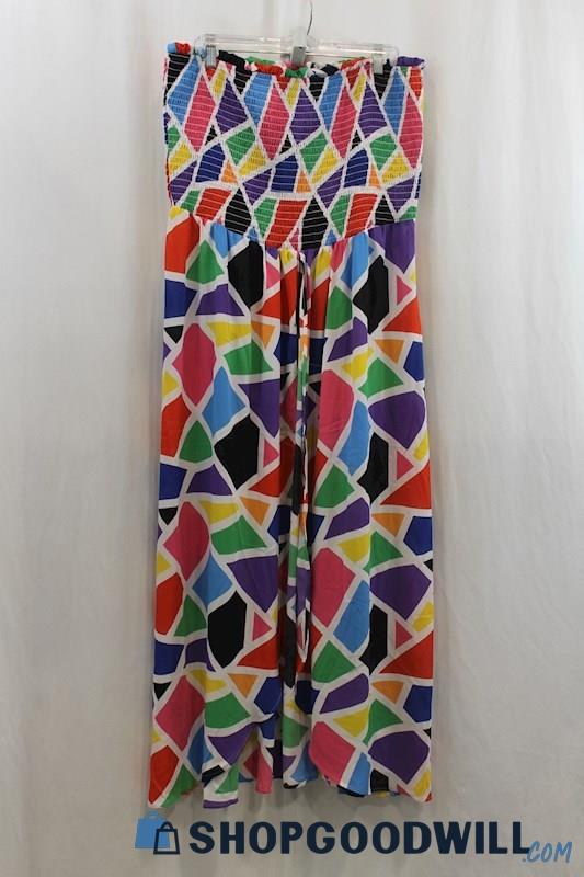 NWT NY & Co Womens Multi-Color Geo-Pattern Smocked High-Low Strapless Top Sz 2XL