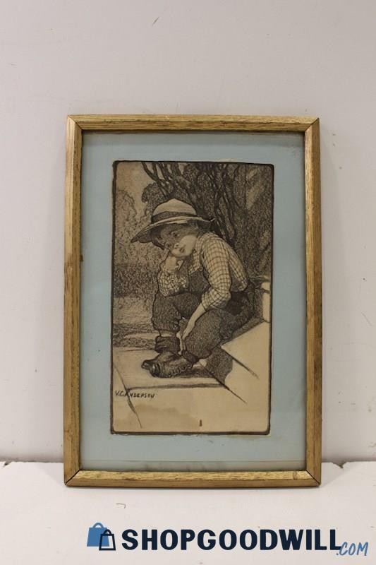 VC Anderson Vintage 1905 Drawing Print 'Nobody Loves Me' Unsigned in Frame