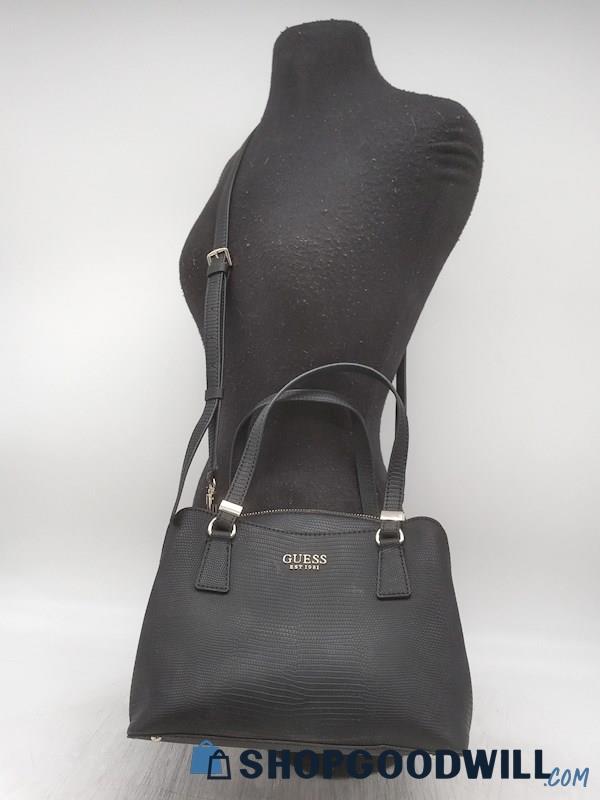 Guess Lyndi Black Embossed Faux Leather Satchel Handbag Purse