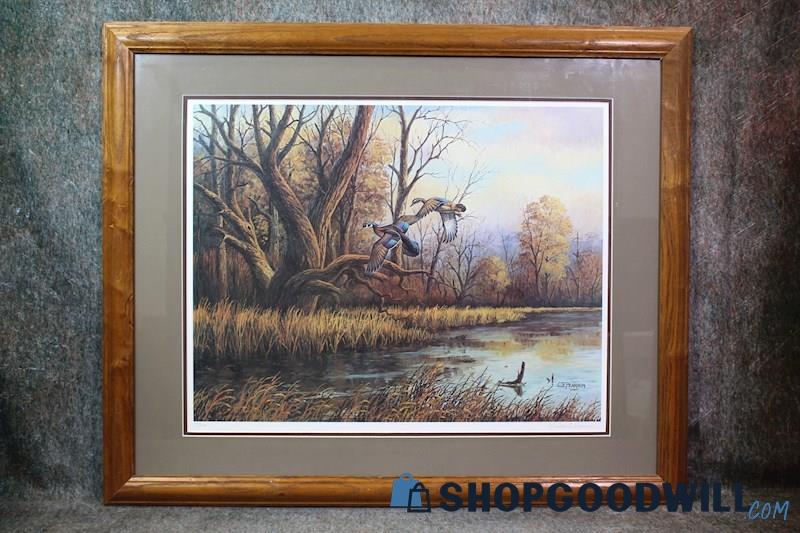 Framed Wood Ducks Leaving Forest Nature Print Signed CE Pearson 37/450 Art Decor