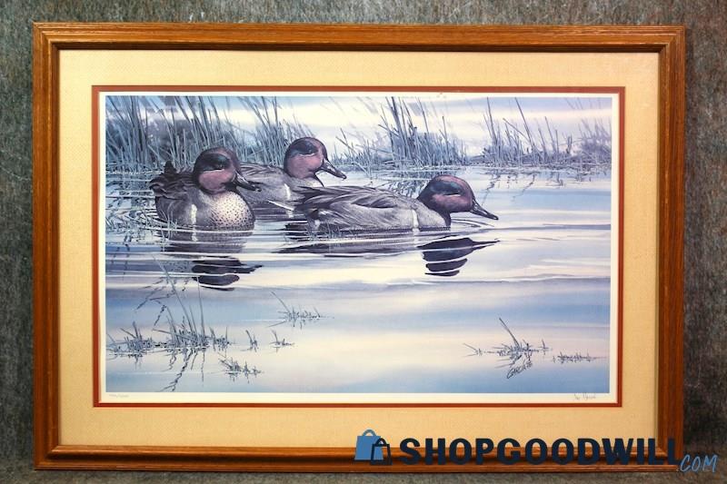 Framed VTG Eurasian Teal Duck Wildlife Print Sign Joe Garcia 770/1200 Art Decor