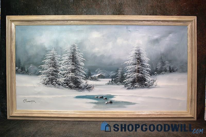 Original Lone Cabin in Winter Landscape Nature Painting Signed Barrister PICKUP