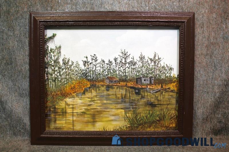 Framed VTG Original Shack in Wetland/Swamp Nature Painting Sign Jane Turner Art